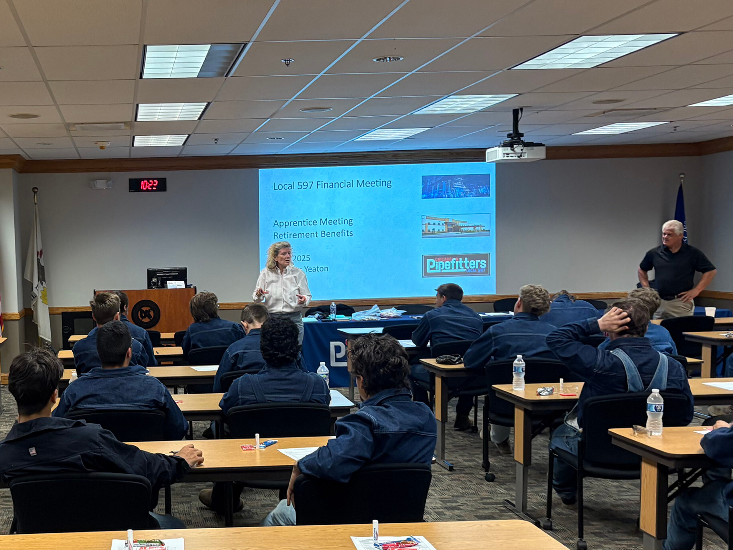 Jennifer Yeaton, owner of Integrate Solutions Group, LLC (ISG LLC), teaching a retirement benefits seminar for Chicago Pipefitters Local 597 apprentices.